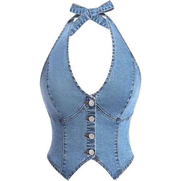 Tops - Women's Denim Tank Top Halter Backless Cropped Casual Party Wear
